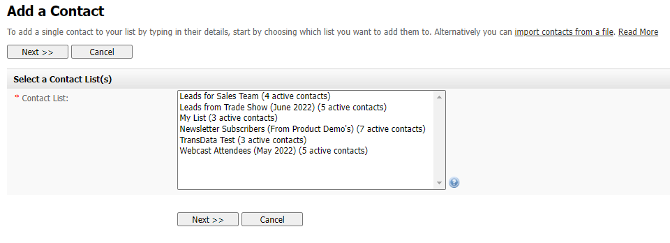 Add a Contact: Select Contact List