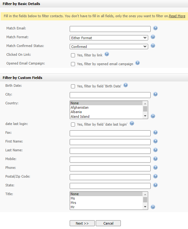 Autoresponder Filter Options
