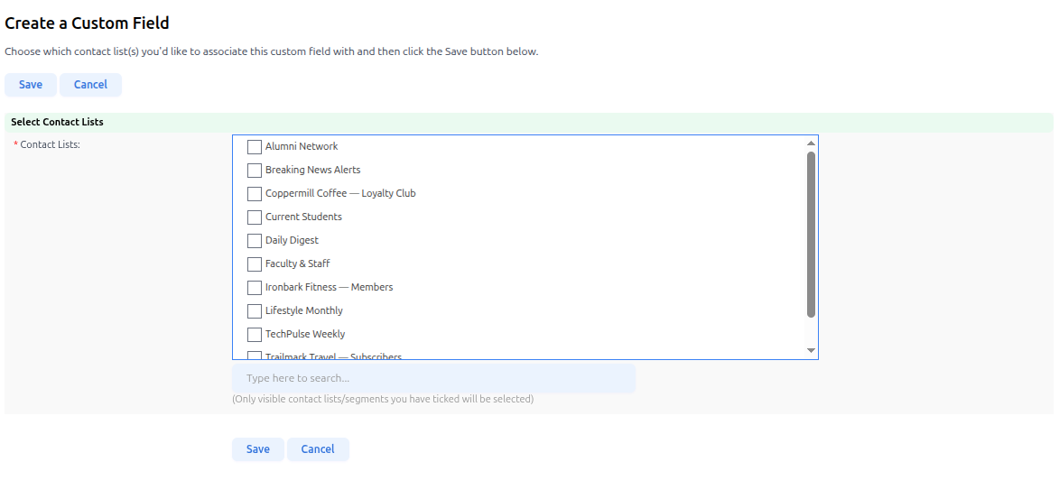 Create a Custom Field: Select Contact List