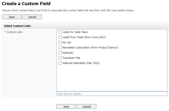 Create a Custom Field: Select Contact List Create a Custom Field: Select Contact List