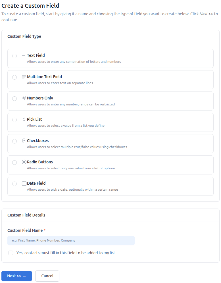 Create a Custom Field: Type and Name