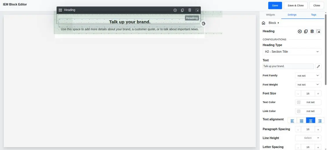 Element settings for a selected heading