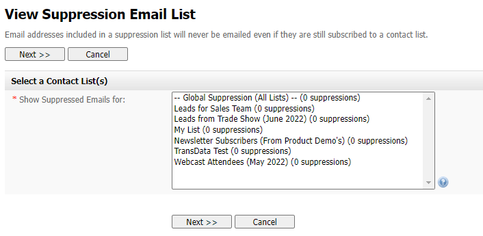 Email Suppression List: Choose Contact List