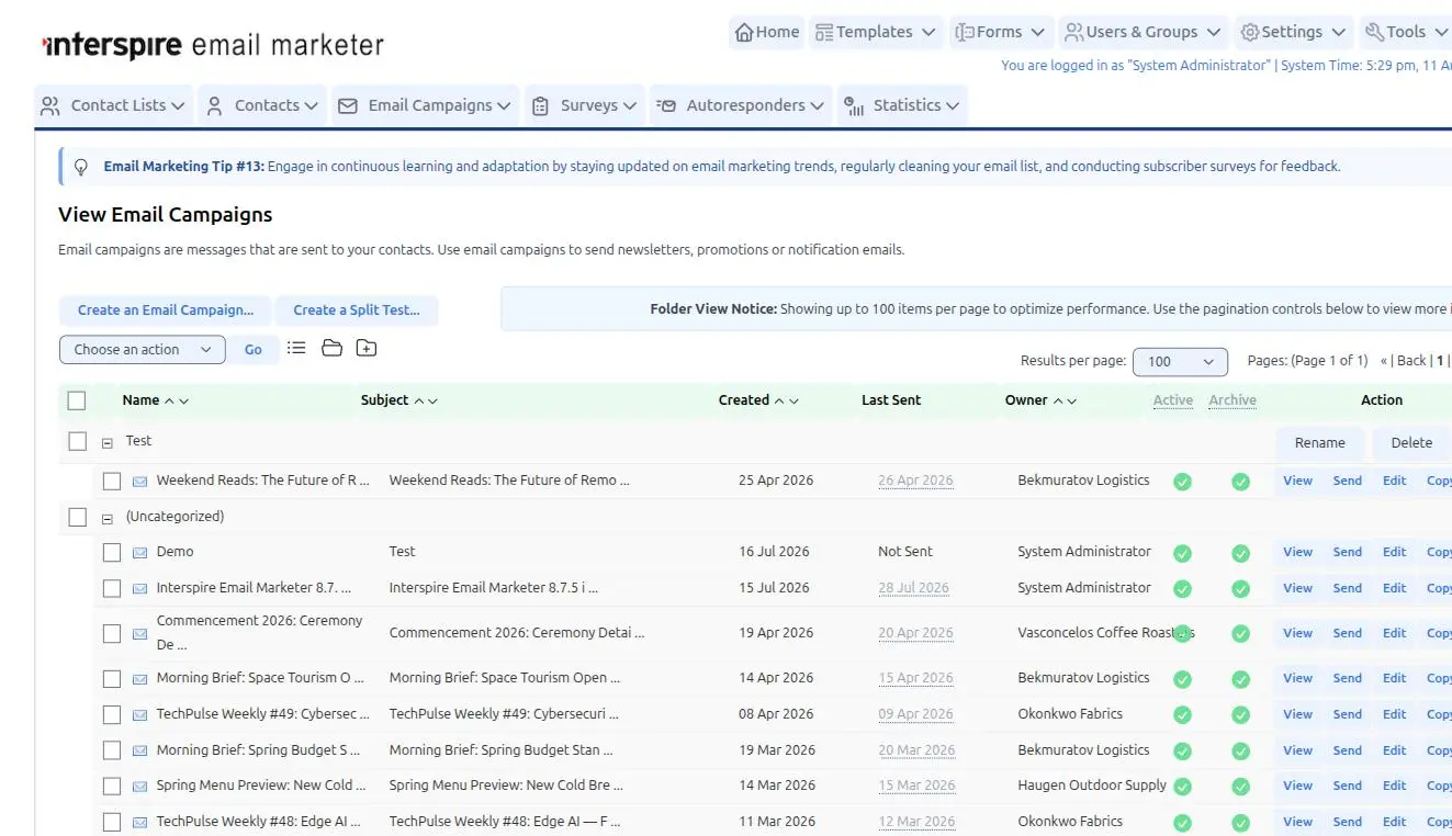 Email campaigns shown in folder mode