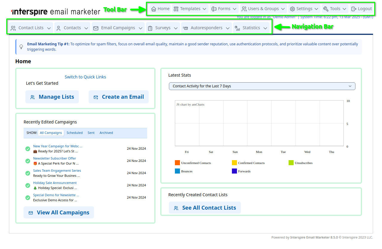 The Interspire Email Marketer Interface at a Glance