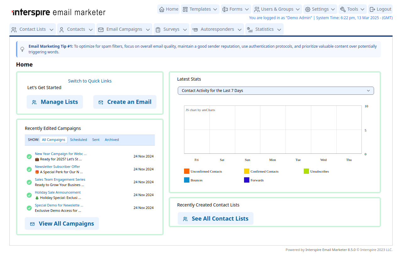 The Interspire Email Marketer Interface at a Glance