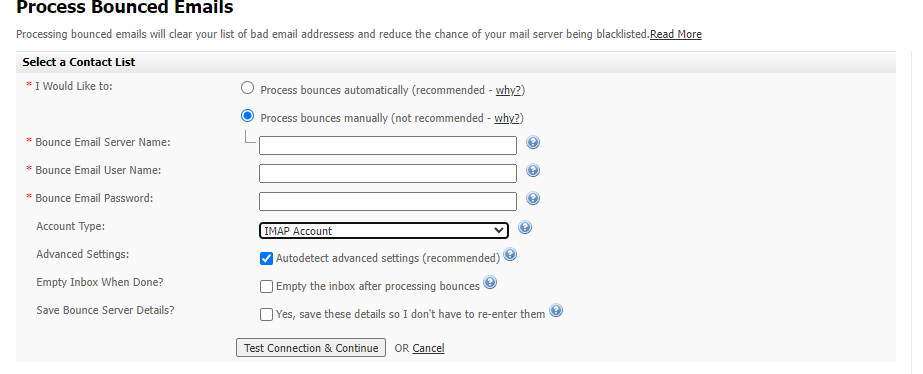 Processing Bounced Emails: Enter Server Details