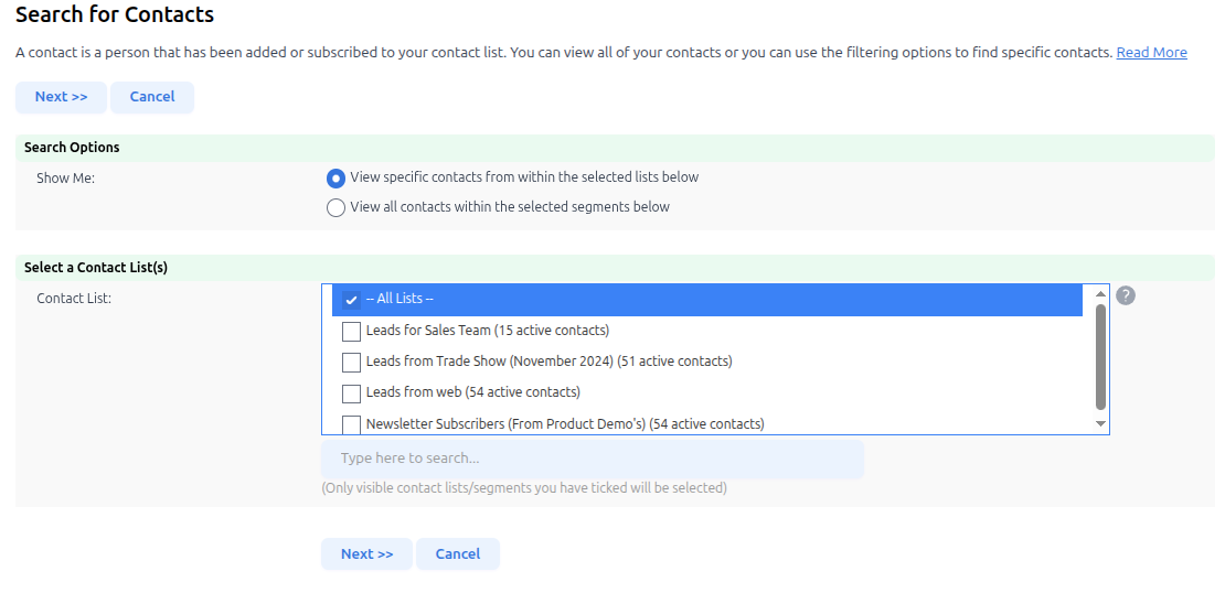 Searching Contacts: Choose List or Segment