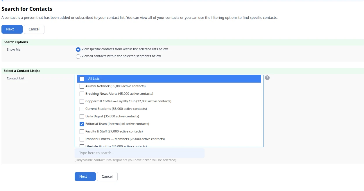 Searching Contacts: Choose List or Segment