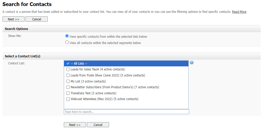 Searching Contacts: Choose List or Segment
