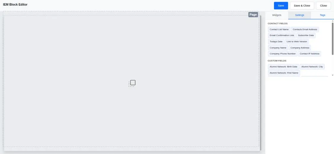The Tags panel in the BuilderJS editor