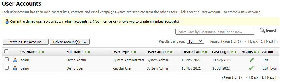 User Accounts Screen
