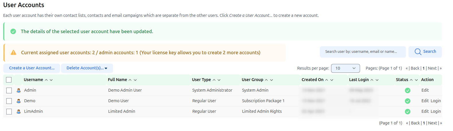 User Accounts Screen