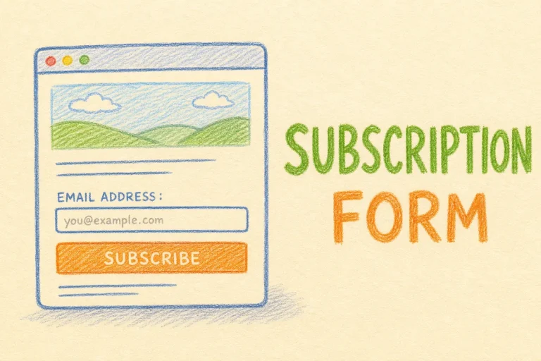 Hand-drawn Adding a subscription form to your website tutorial illustration with web page frame, email input field, subscribe button icons
