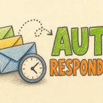 Hand-drawn Autoresponders tutorial illustration with stacked envelopes, clock, and automation arrow icons