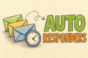 Hand-drawn Autoresponders tutorial illustration with stacked envelopes, clock, and automation arrow icons