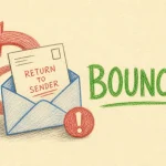 Hand-drawn Bounces tutorial illustration with envelope with return arrow, bounced-back letter, warning dot icons