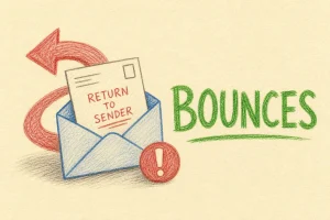Hand-drawn Bounces tutorial illustration with envelope with return arrow, bounced-back letter, warning dot icons