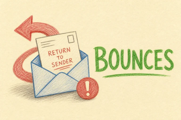 Hand-drawn Bounces tutorial illustration with envelope with return arrow, bounced-back letter, warning dot icons