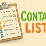 Hand-drawn Contact Lists tutorial illustration with clipboard with names, grouped person icons, checklist icons