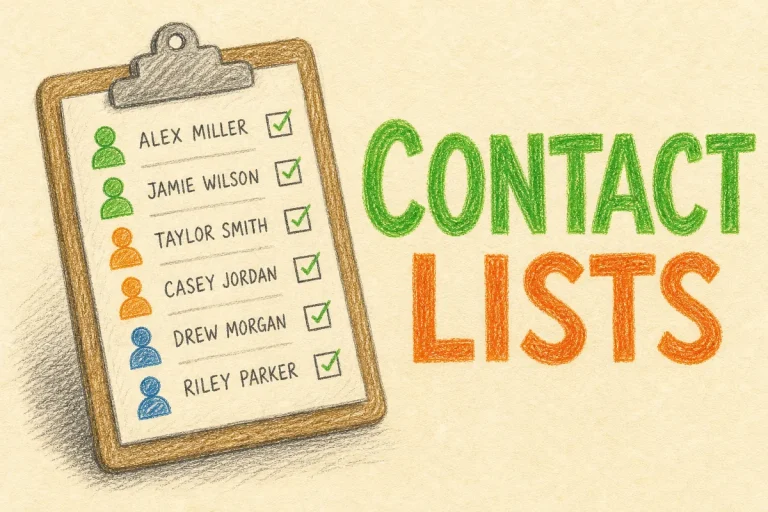 Hand-drawn Contact Lists tutorial illustration with clipboard with names, grouped person icons, checklist icons