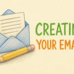 Hand-drawn Creating Your Emails tutorial illustration with pencil, open envelope, text lines on paper icons