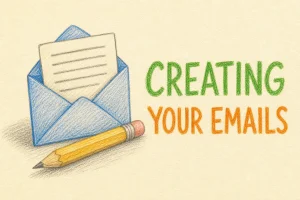 Hand-drawn Creating Your Emails tutorial illustration with pencil, open envelope, text lines on paper icons