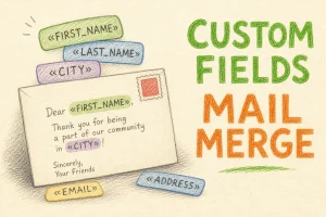 Hand-drawn Custom Fields & Mail Merge tutorial illustration with merge field tokens, personalized envelope, name placeholder tags icons