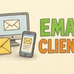 Hand-drawn Email Clients tutorial illustration with envelope, desktop monitor, and mobile phone icons