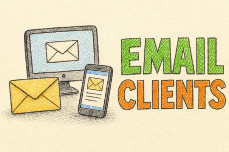 Hand-drawn Email Clients tutorial illustration with envelope, desktop monitor, and mobile phone icons