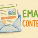 Hand-drawn Email Content tutorial illustration with open envelope, text/image blocks, content layout lines icons