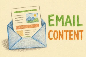 Hand-drawn Email Content tutorial illustration with open envelope, text/image blocks, content layout lines icons