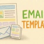 Hand-drawn Email Templates tutorial illustration with layout grid blocks, envelope overlay, duplicate page icon icons