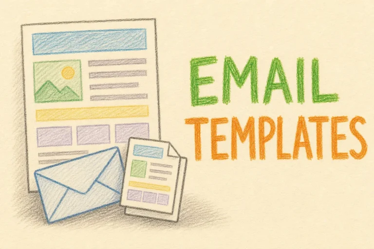 Hand-drawn Email Templates tutorial illustration with layout grid blocks, envelope overlay, duplicate page icon icons