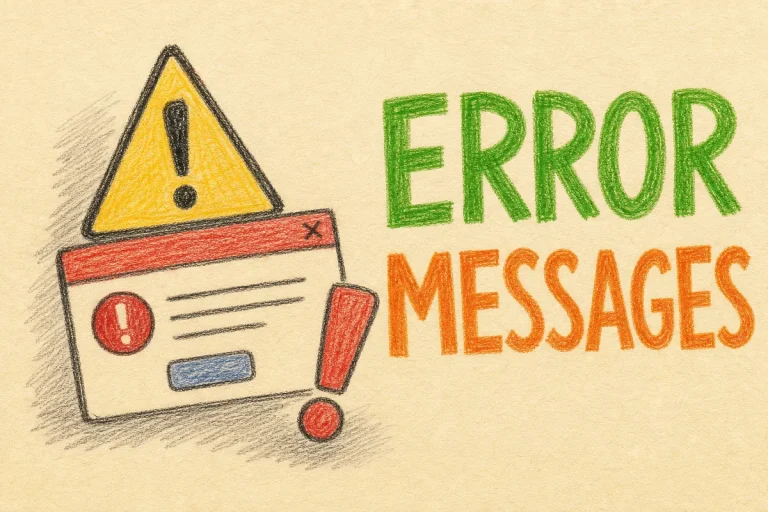 Hand-drawn Error Messages tutorial illustration with warning triangle, alert dialog box, exclamation mark icons
