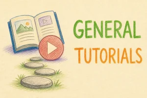 Hand-drawn General Tutorials tutorial illustration with open book, play button, stepping stones path icons