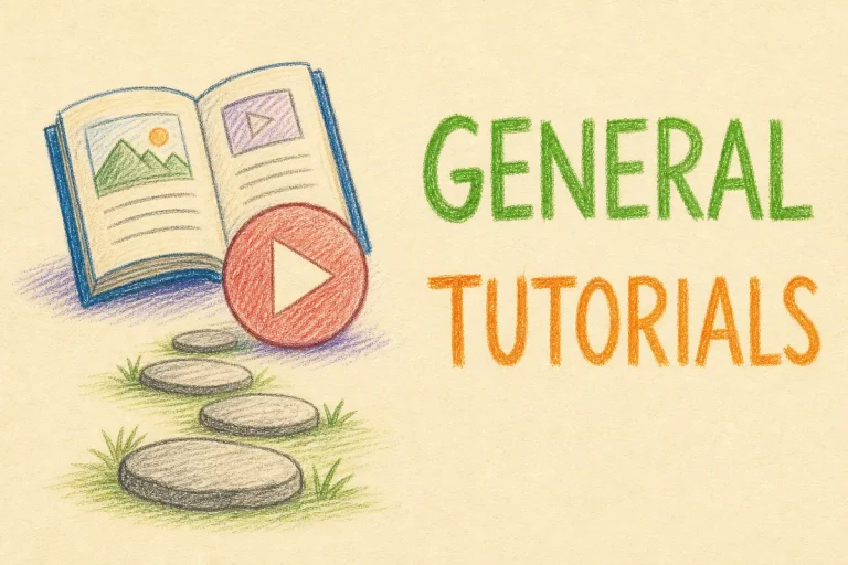 Hand-drawn General Tutorials tutorial illustration with open book, play button, stepping stones path icons