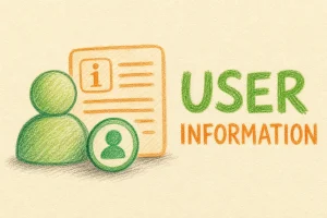 Hand-drawn General Users Information tutorial illustration with person icon, info card, user badge icons