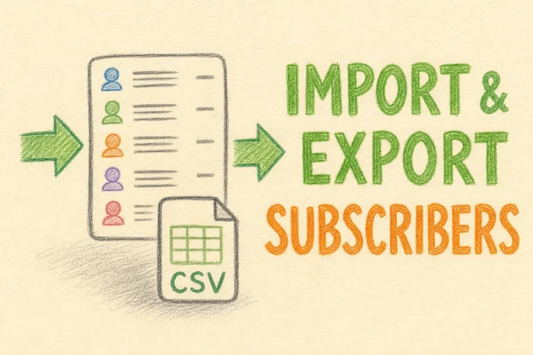 Hand-drawn Importing & Exporting Subscribers tutorial illustration with arrow into list, arrow out of list, CSV file icon icons