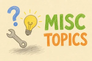 Hand-drawn Miscellaneous tutorial illustration with toolbox, mixed small utility icons, question/help badge icons