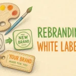 Hand-drawn Rebranding & White Labeling tutorial illustration with paint palette, logo badge swap, branded label tag icons