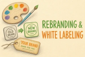 Hand-drawn Rebranding & White Labeling tutorial illustration with paint palette, logo badge swap, branded label tag icons