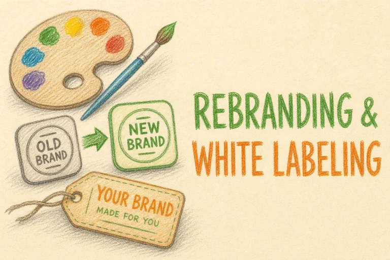 Hand-drawn Rebranding & White Labeling tutorial illustration with paint palette, logo badge swap, branded label tag icons