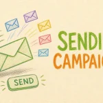 Hand-drawn Sending Email Campaigns tutorial illustration with multiple outgoing envelopes, broadcast waves, send button icons