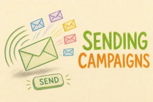 Hand-drawn Sending Email Campaigns tutorial illustration with multiple outgoing envelopes, broadcast waves, send button icons