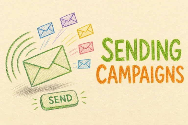Hand-drawn Sending Email Campaigns tutorial illustration with multiple outgoing envelopes, broadcast waves, send button icons