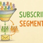 Hand-drawn Sending Emails Based on Subscriber Segmenting tutorial illustration with funnel filter, divided audience groups, targeted envelope icons