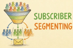 Hand-drawn Sending Emails Based on Subscriber Segmenting tutorial illustration with funnel filter, divided audience groups, targeted envelope icons