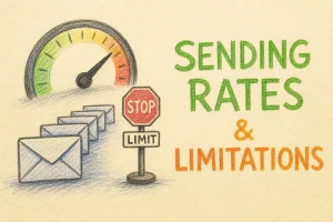 Hand-drawn Sending Rates & Limitations tutorial illustration with speedometer gauge, envelope queue, stop/limit marker icons