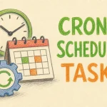 Hand-drawn Setting Up Cron and Windows Scheduled Tasks tutorial illustration with clock, calendar, gear with repeat loop arrow icons